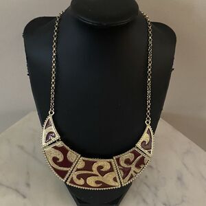 Vtg Mirabella Burgandy Enamel Egyptian Revival Earrings Bib Necklace Panel 16”